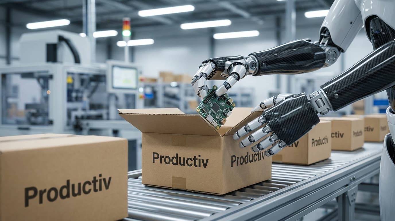 Humanoid robot performing precision kitting tasks at a warehouse workstation