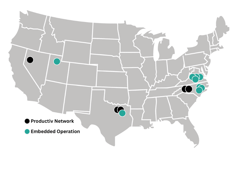 Productiv locations map: the Dallas hub with the Charlotte (East) and Reno (West) campuses
