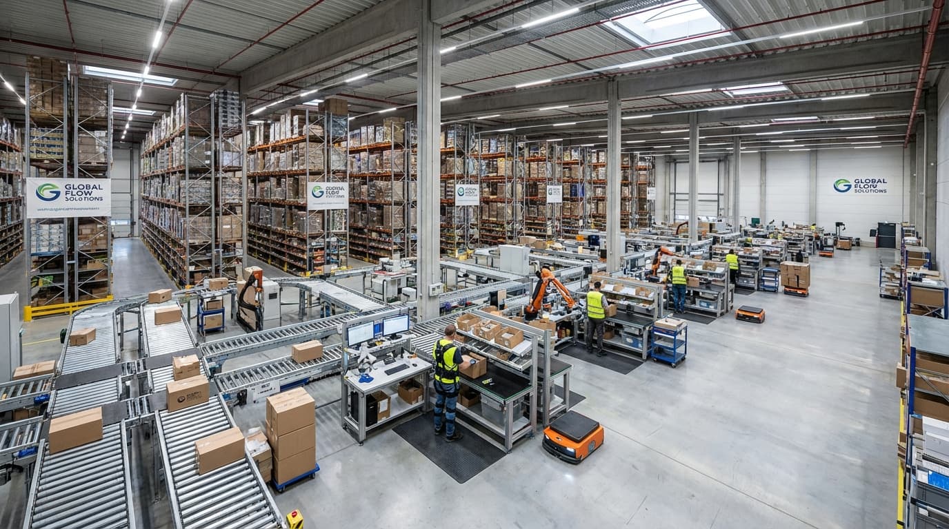 Productiv warehouse floor with workers at kitting and fulfillment stations