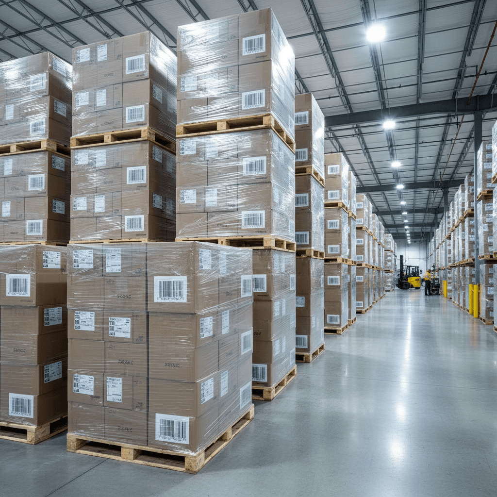 Club-pack merchandise display pallets with SSCC-18 GS1-128 compliance labels staged for Costco depot delivery