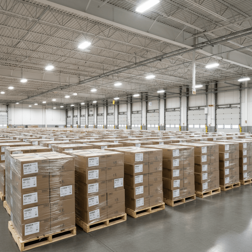 Kroger warehouse with compliance-ready cartons labeled and staged for distribution center delivery