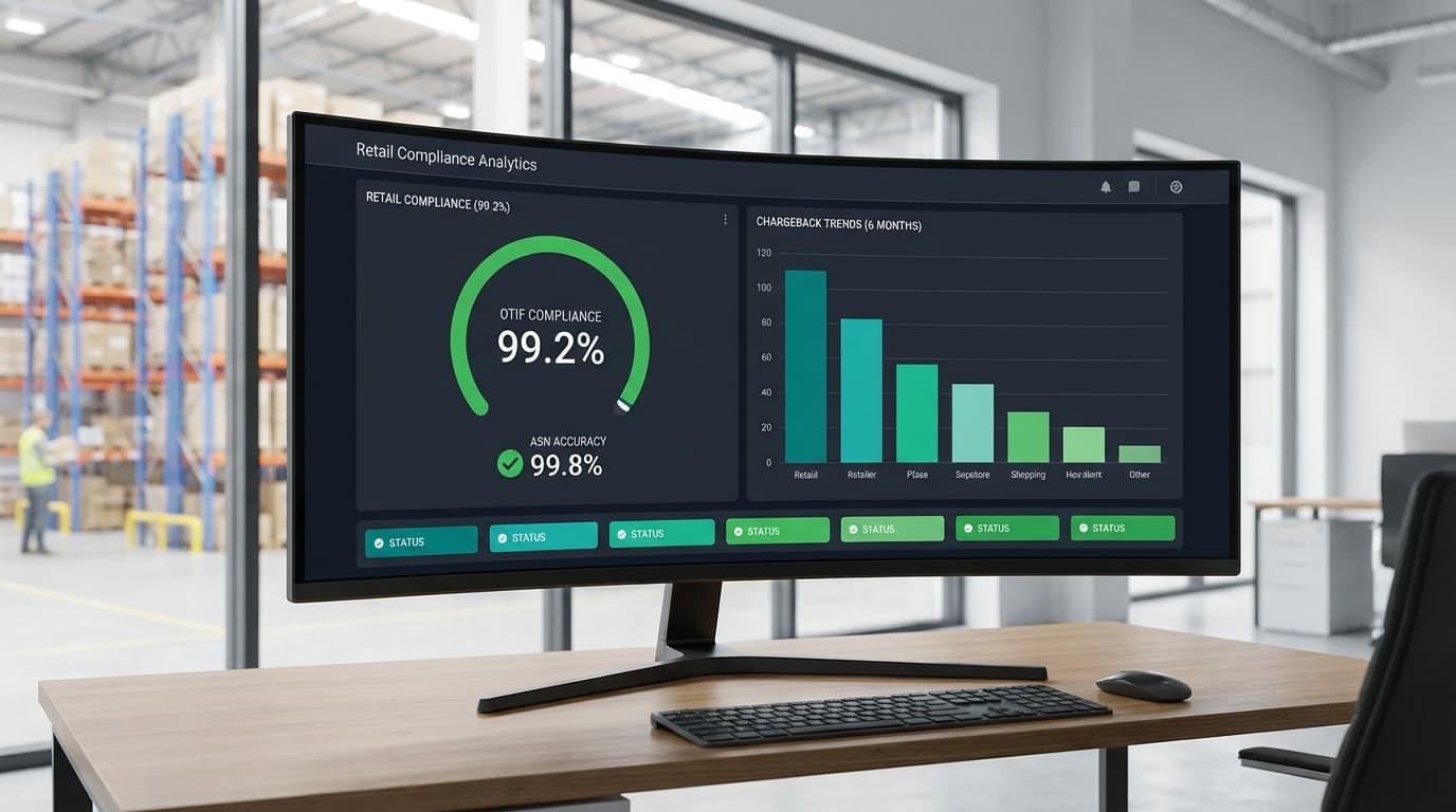 Compliance monitoring dashboard showing OTIF rates, ASN accuracy metrics, and chargeback tracking by retailer