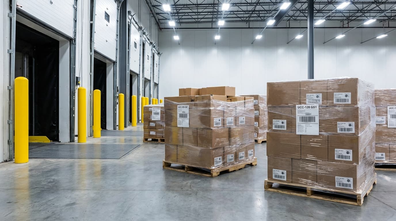 Retail-ready pallets with UCC-128 compliance labels staged at loading dock for shipment to major retailers