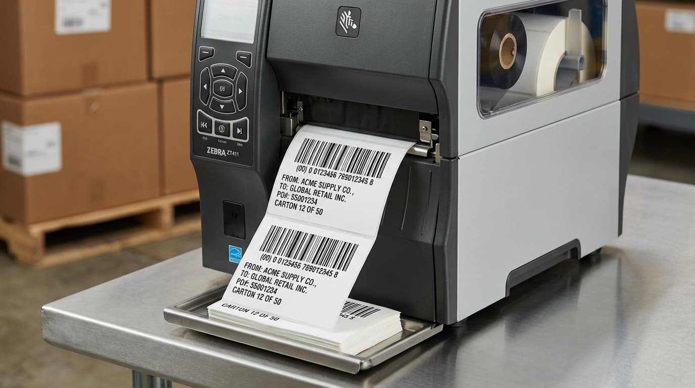 Commercial thermal transfer printer producing GS1-128 compliant barcode labels for retail shipments