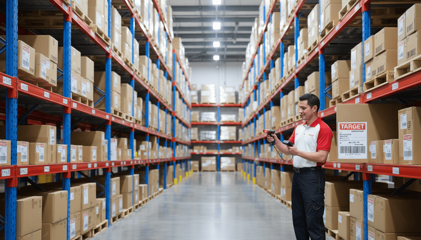 Warehouse worker scanning compliance barcode labels on retail-ready cartons destined for Target distribution centers