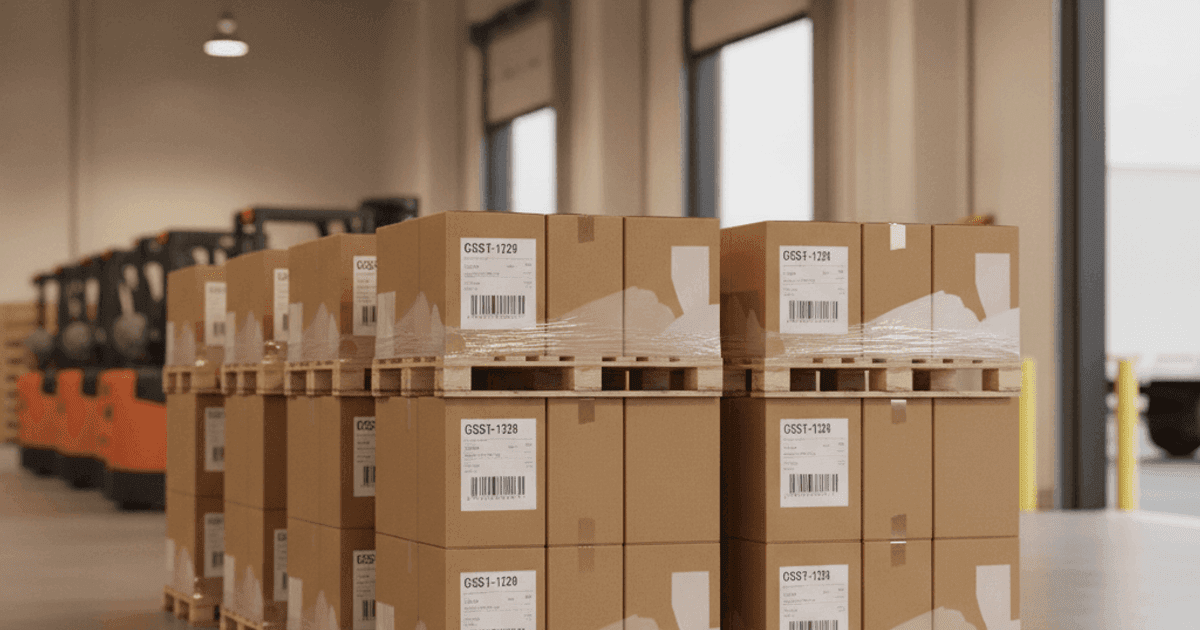 Stretch-wrapped GMA pallets of beauty product cartons with GS1-128 compliance labels staged for retail distribution center delivery