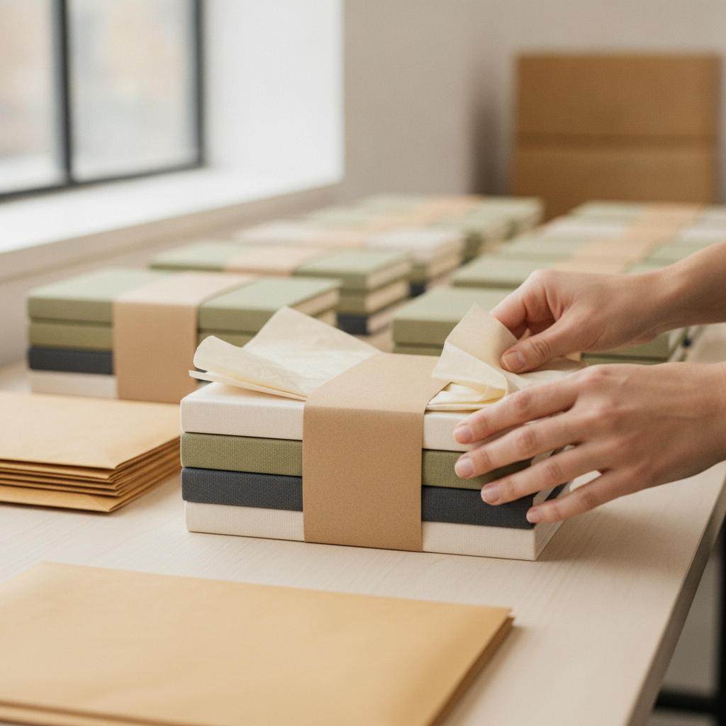 Hands assembling a curated book bundle with a kraft belly band and tissue insert on a fulfillment kitting line