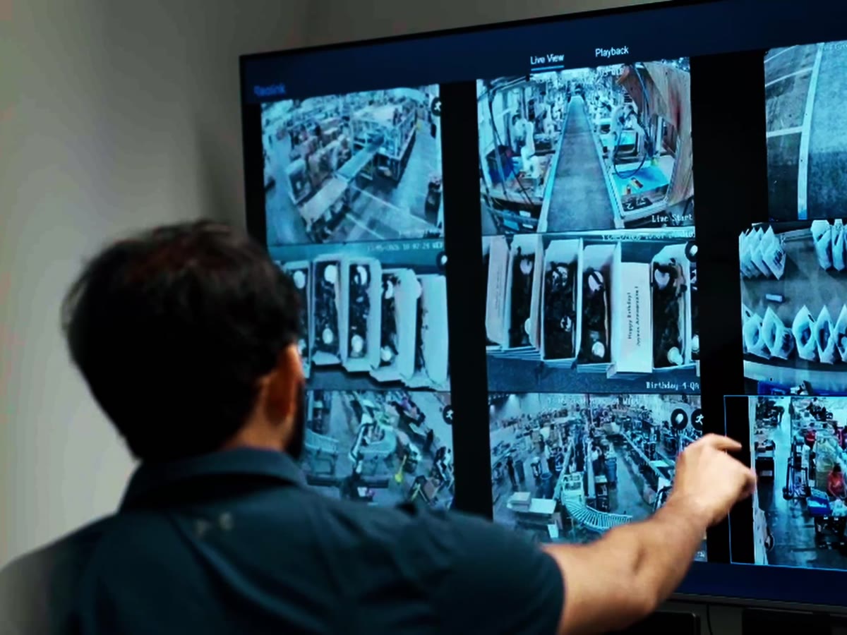 A Productiv team member reviewing live camera feeds of the kitting lines on a wall monitor