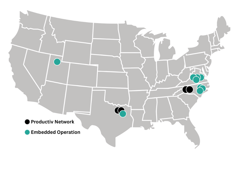 Productiv fulfillment network map: the Dallas hub and the Charlotte campus in the East