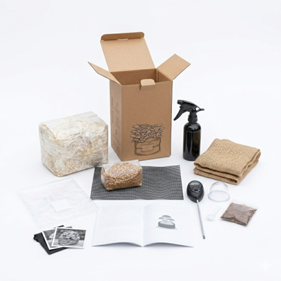 Assembled grow kit — all components packed and ready for retail distribution