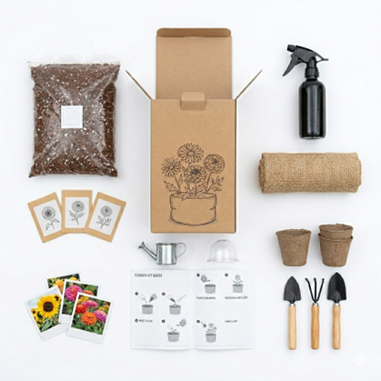 Grow kit components — seed packets, soil disc, spray bottle, and tools ready for kitting