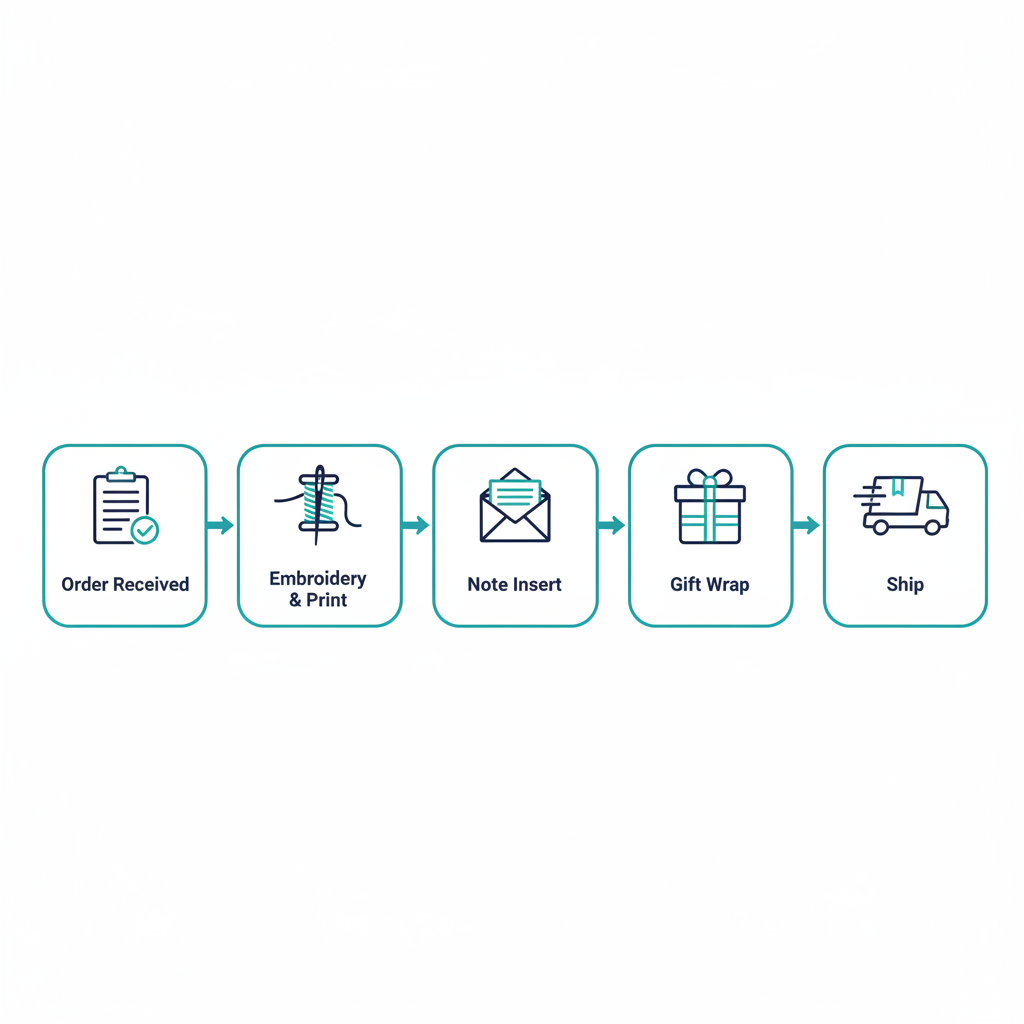 Diagram showing the personalized fulfillment workflow from order receipt to ship: embroidery, print, note, wrap, pack-out, scan verification