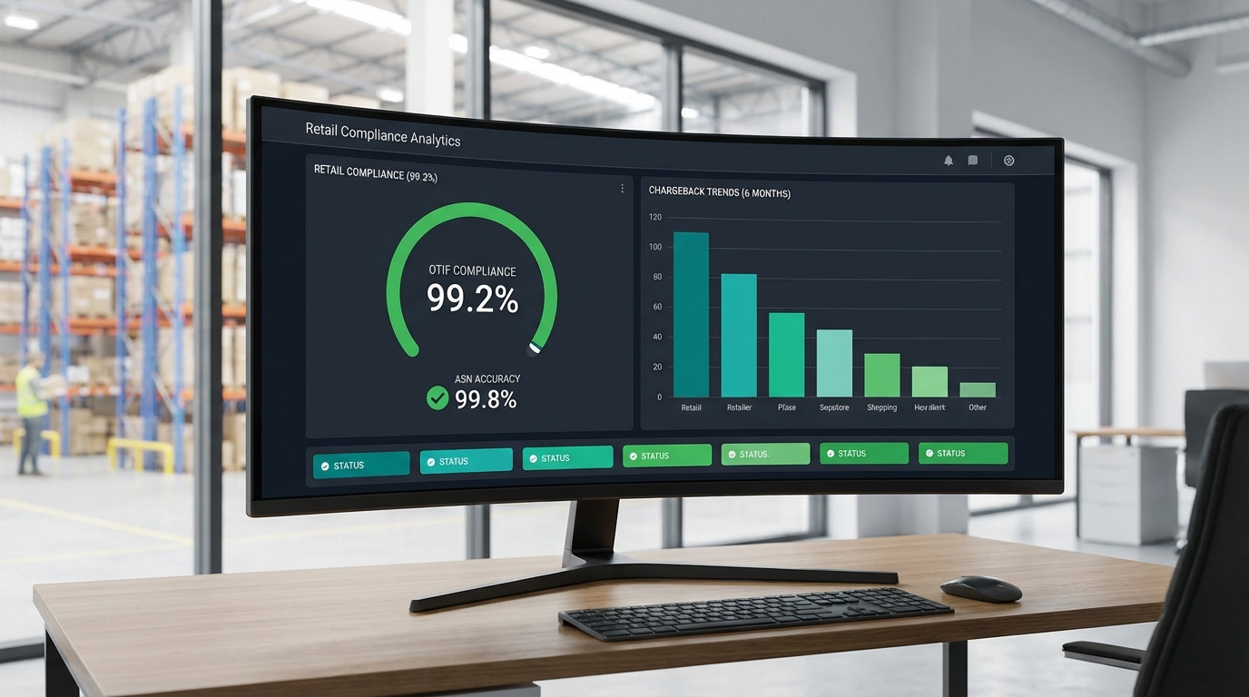 Compliance monitoring dashboard showing OTIF rates, ASN accuracy metrics, and chargeback tracking by retailer