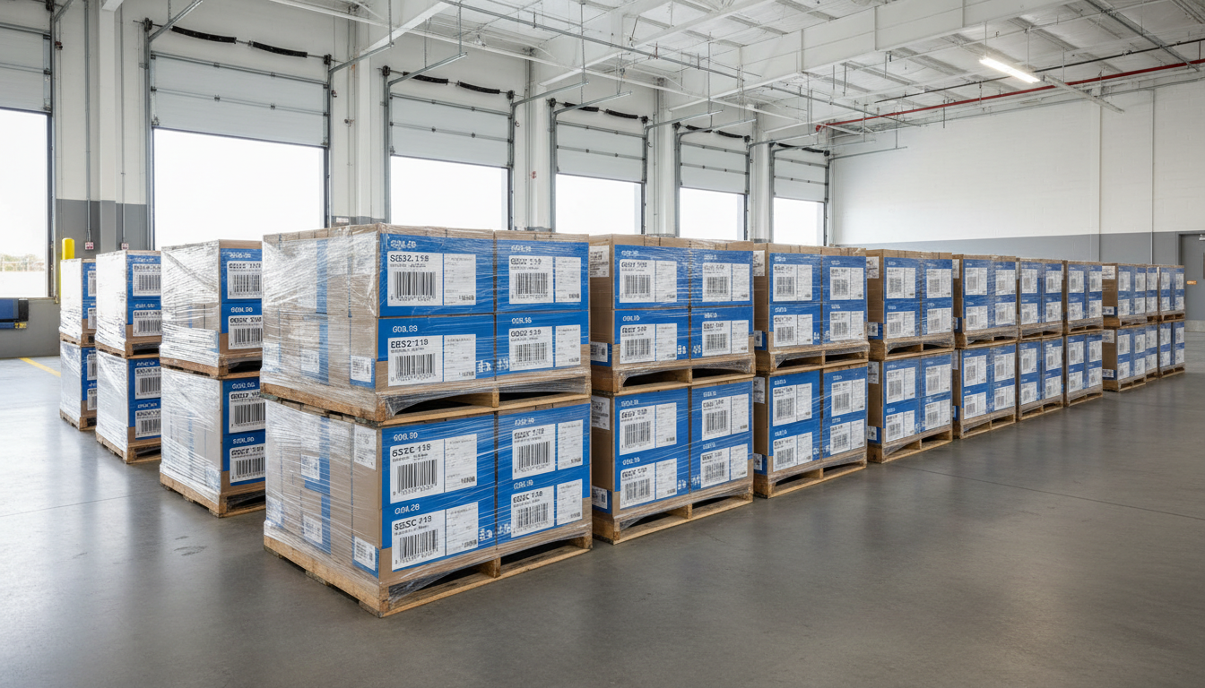 Retail-ready pallets with SSCC-18 GS1-128 compliance labels staged for Walmart distribution center delivery