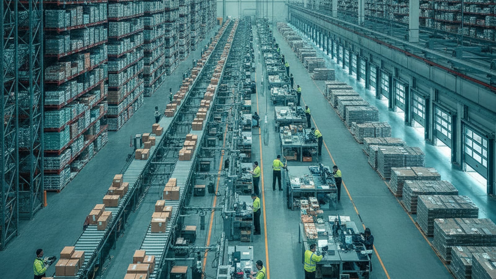 Fulfillment operators preparing a kitting line for peak season volume in a Productiv warehouse